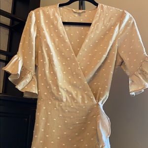 Linen for embroidered ruffle wrap dress